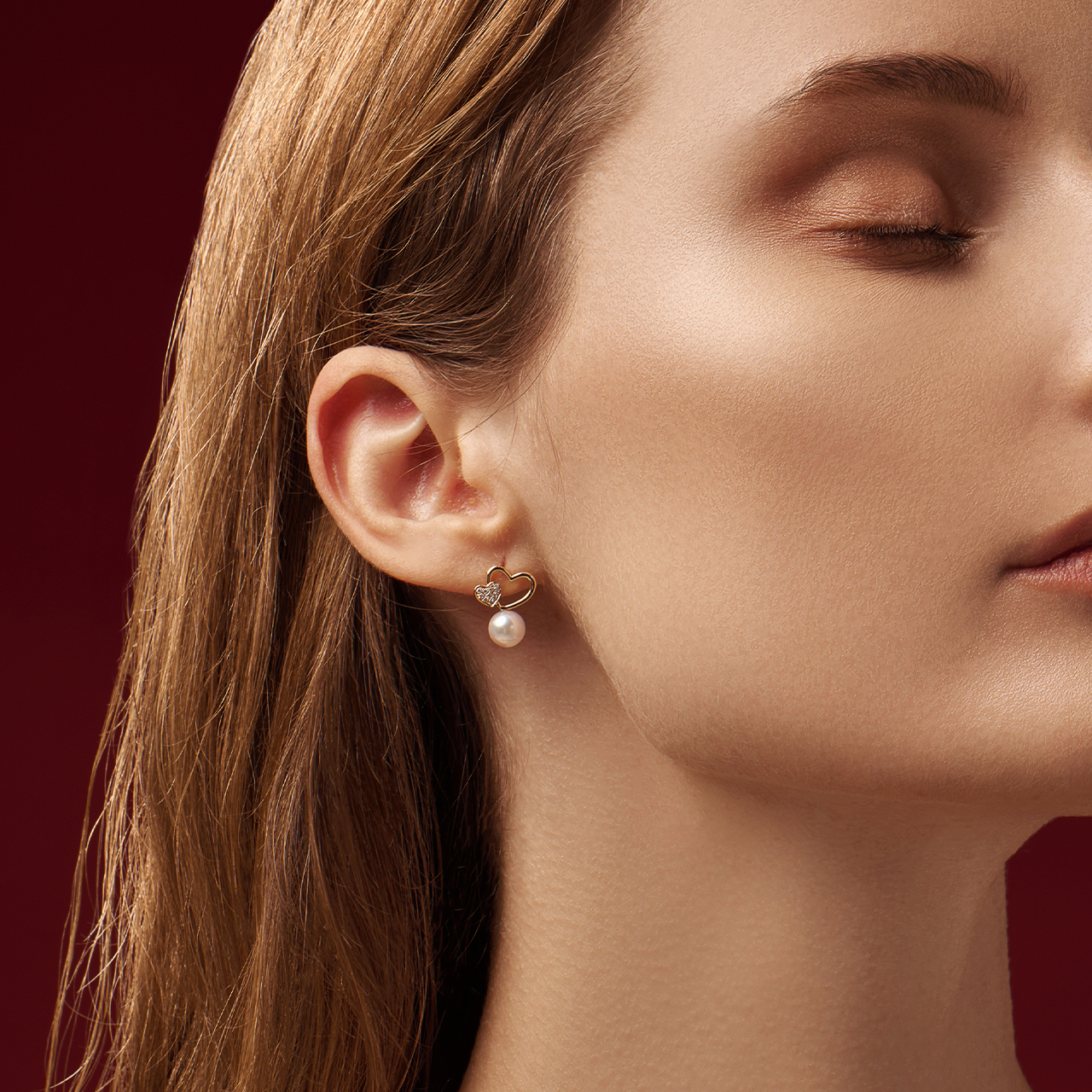 Helas小心意系列 Akoya珍珠钻石耳钉女18K金时尚爱心形设计耳环