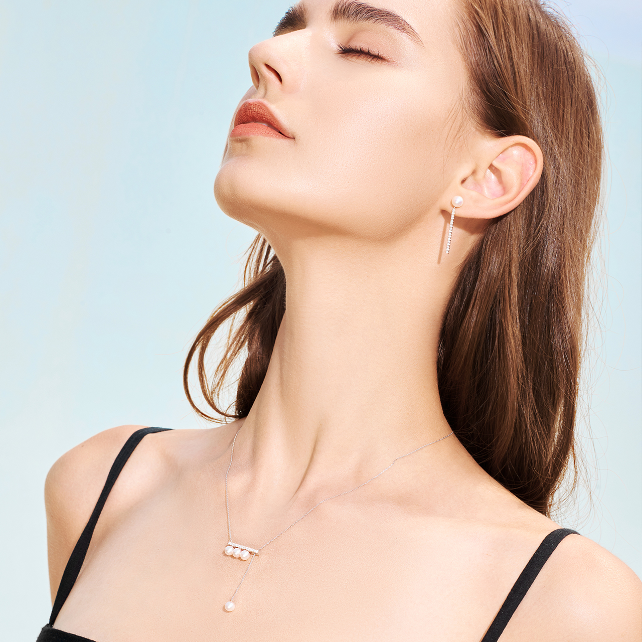Helas音符系列 日本akoya珍珠耳钉女18K金白金色精致时尚钻石耳环