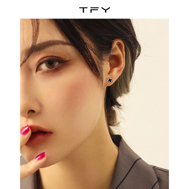 TFY镶钻黑色四叶草耳钉女纯银耳环2021年新款潮韩国网红同款耳饰