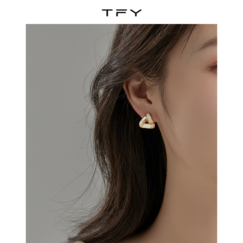 TFY几何三角形白贝母耳钉女夏复古法式耳环高级感轻奢气质耳饰