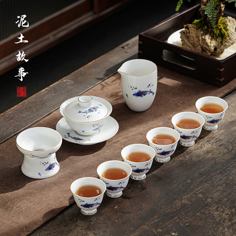 青花瓷功夫茶具套装家用客厅泡茶器整套茶具陶瓷盖碗品茗6人套组