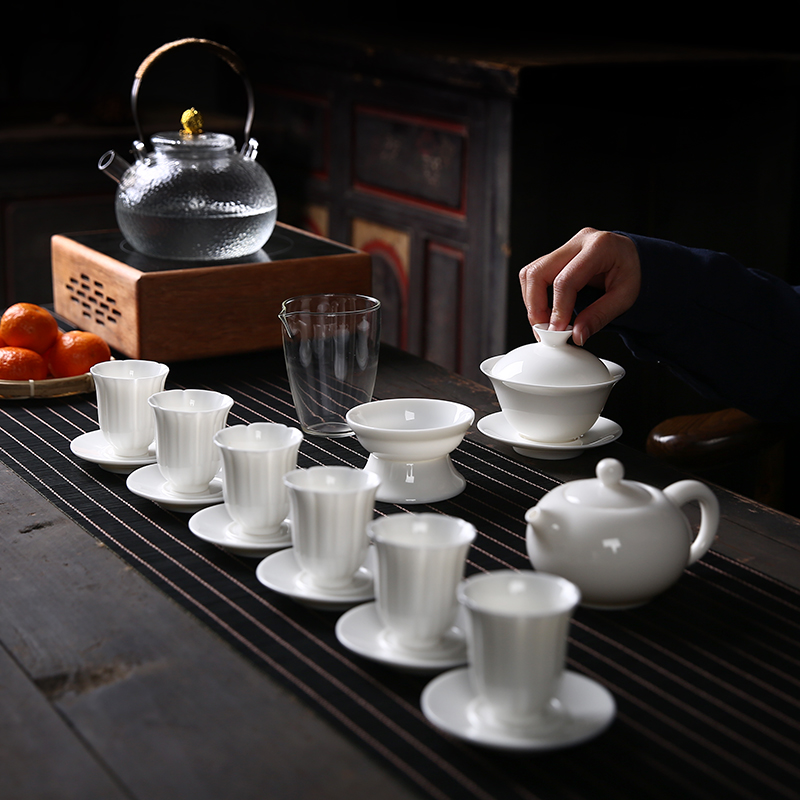 德化高白瓷茶具套装家用羊脂玉瓷功夫茶具简约泡茶壶盖碗茶杯整套