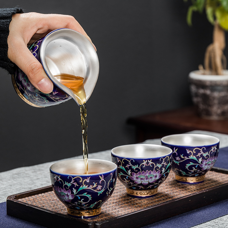陶瓷鎏银茶杯公道杯功夫纯银999手工银茶杯茶叶过滤茶具配件茶器